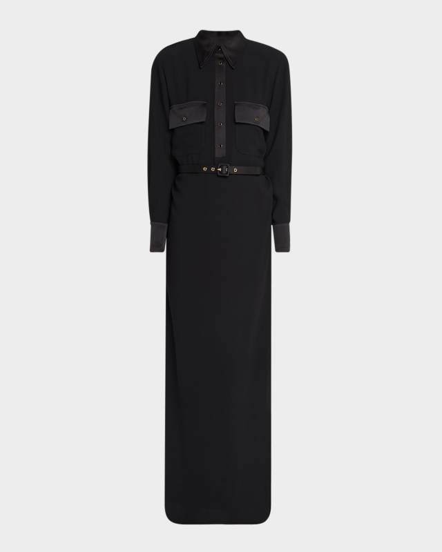 Satin-Back Belted Crepe Maxi Shirtdress